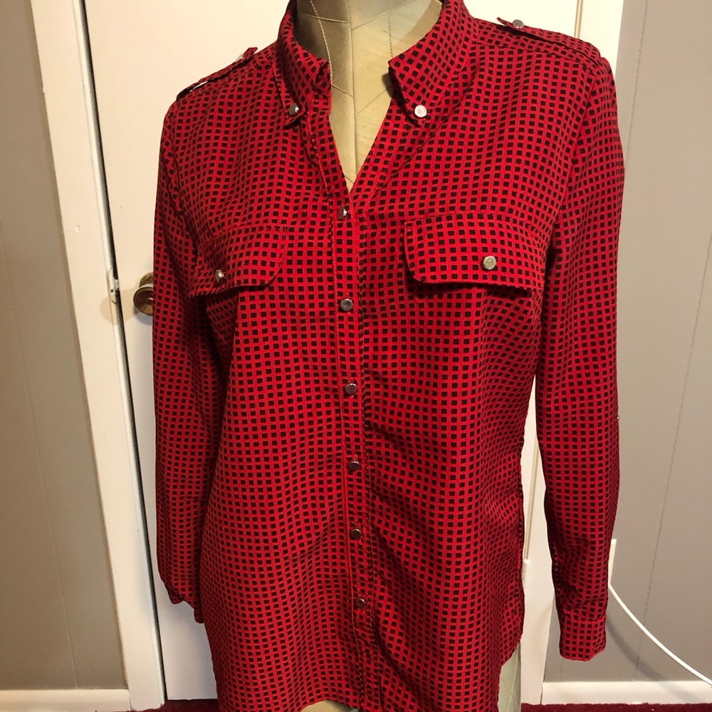 Red and black button down shirt